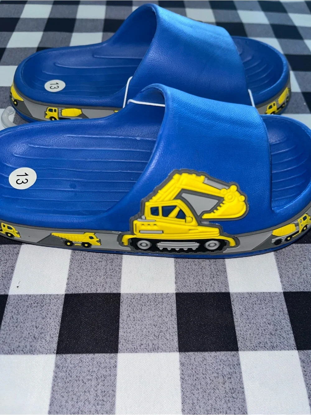 Kids Blue Slide Sandals with Yellow Car Accents - Size 1